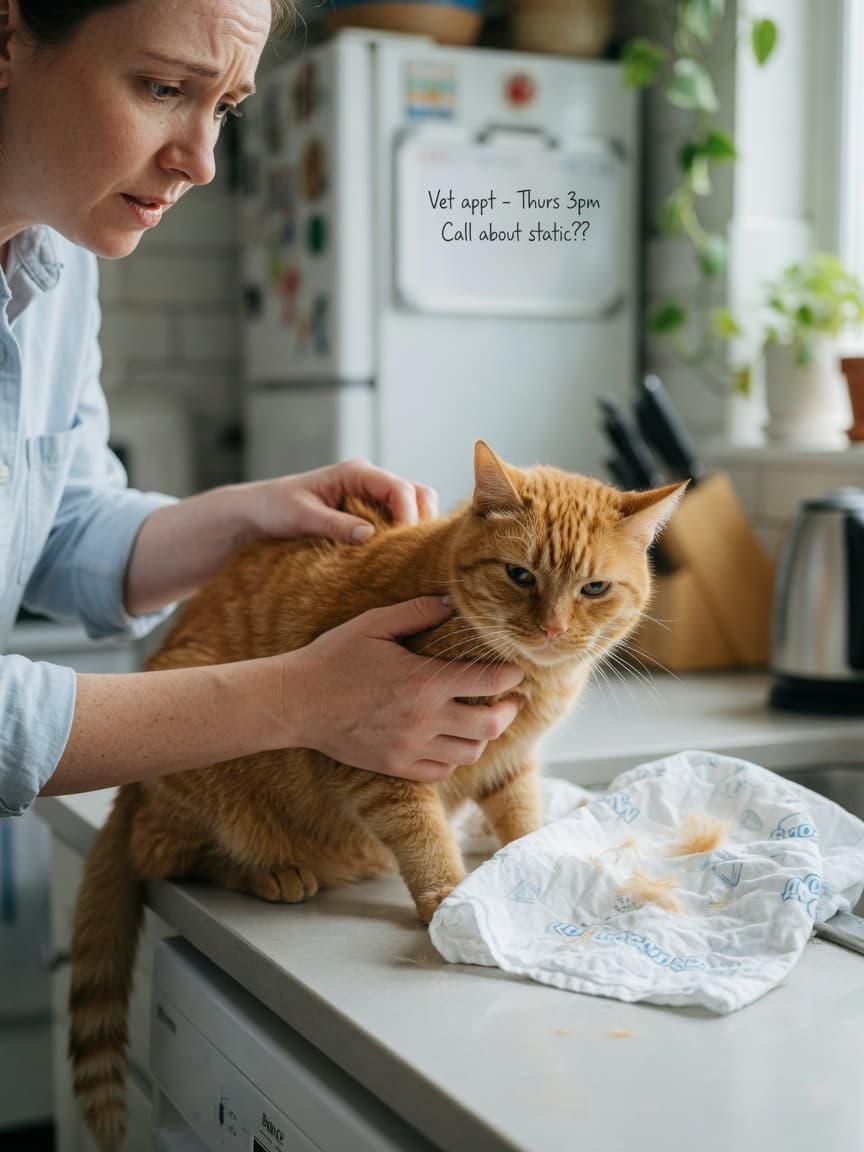 Cat owner holding their tabby cat with concern, dryer sheet visible on counter nearby