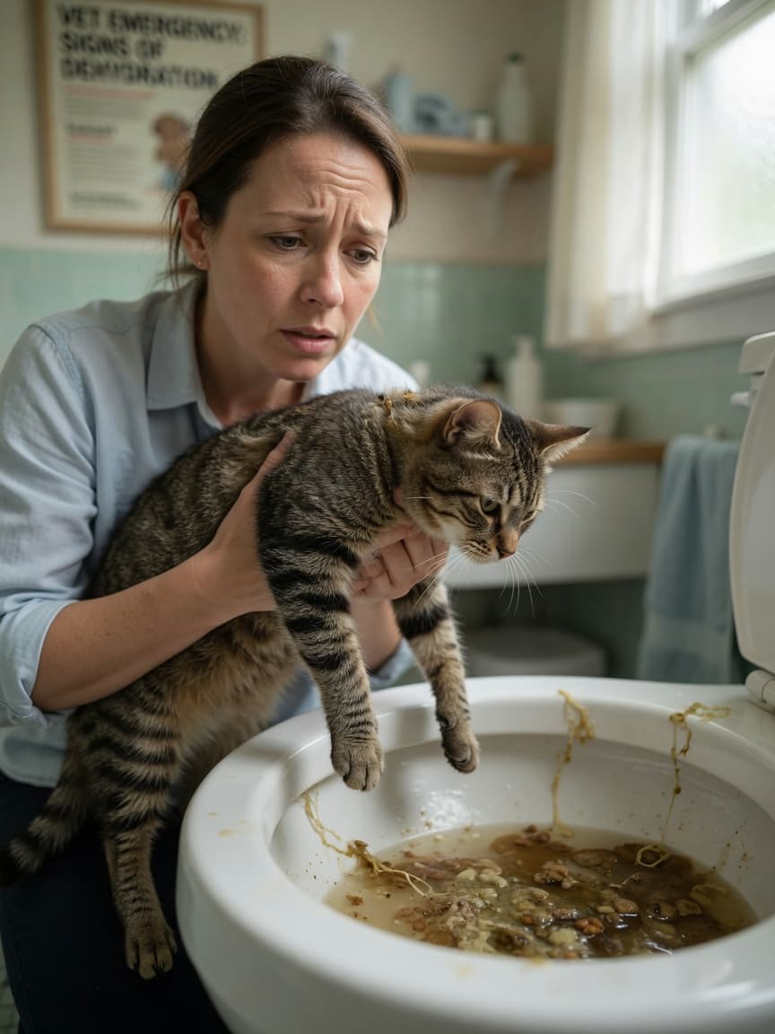 A worried cat owner holding their tabby cat over a toilet, examining brown vomit to assess their pet's health condition