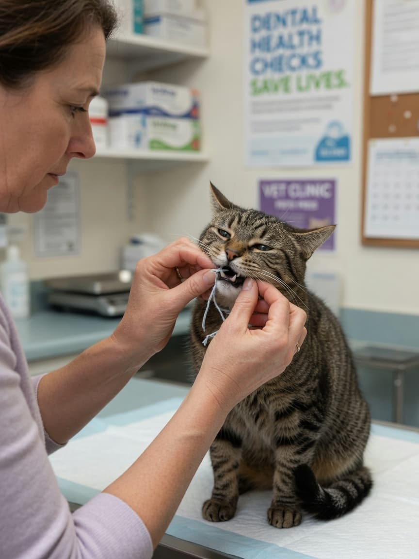 Cat owner examining string protruding from tabby cat's mouth at veterinary clinic