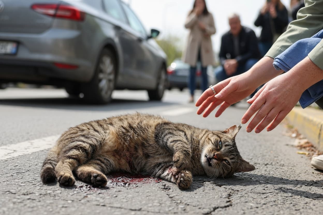 Injured tabby cat on road after car accident with person carefully approaching