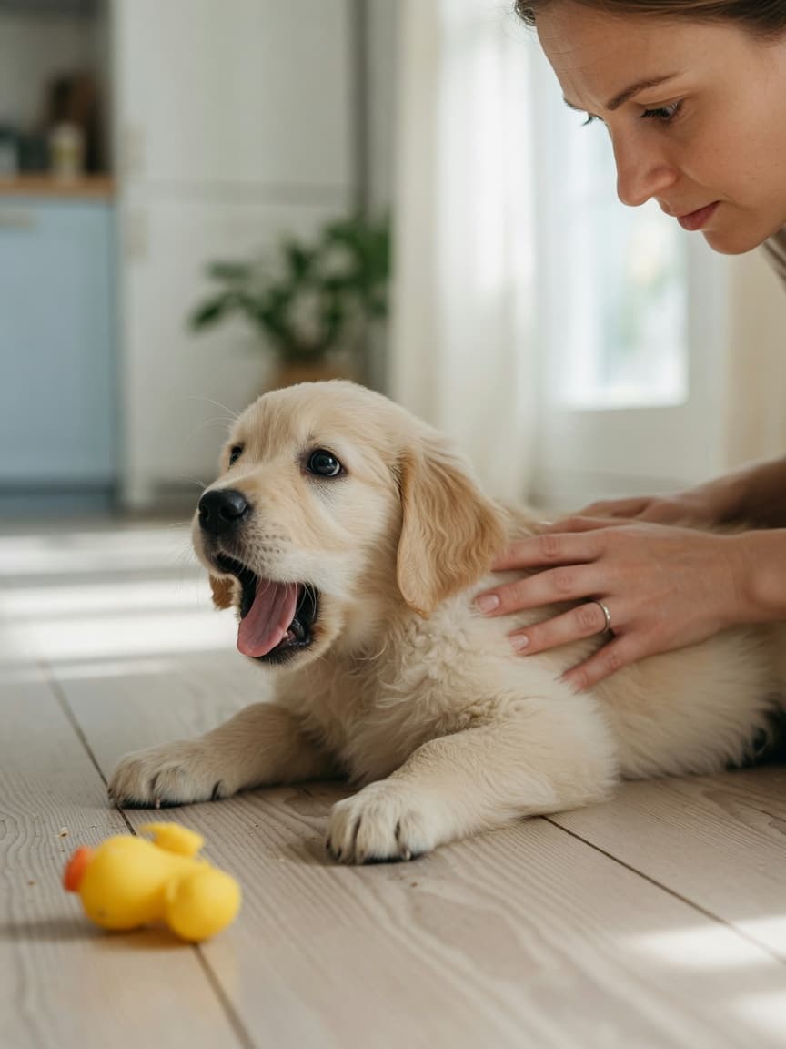 Distressed golden retriever puppy choking, owner's hands performing first aid on light wooden floor with natural daylight