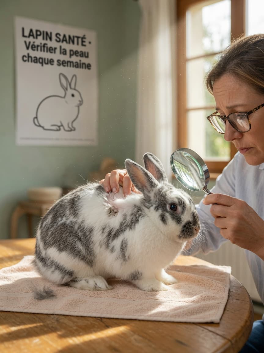 Owner examining rabbit's fur with magnifying glass to check for parasites and skin problems