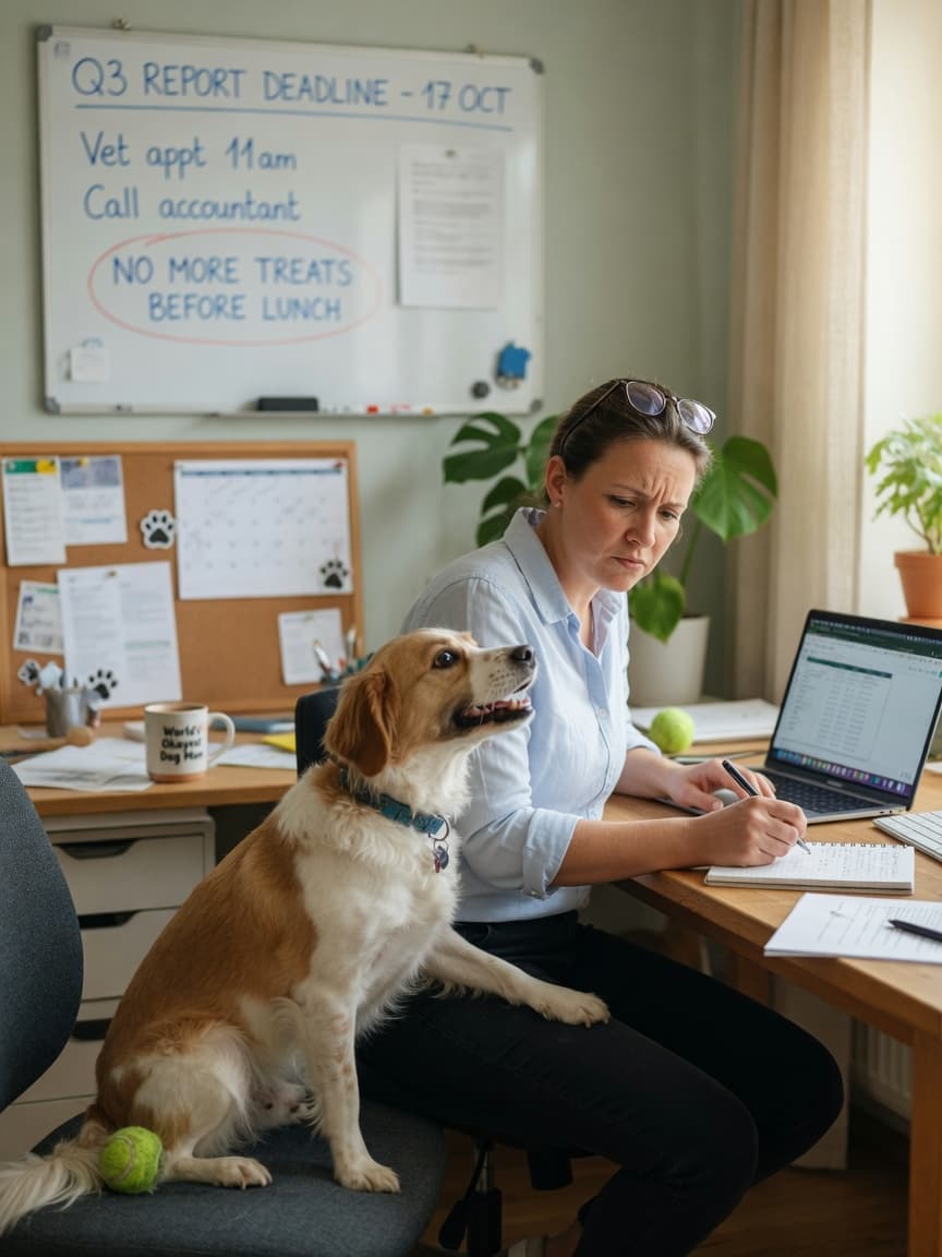 Pet owner at desk ignoring dog's attention-seeking whine