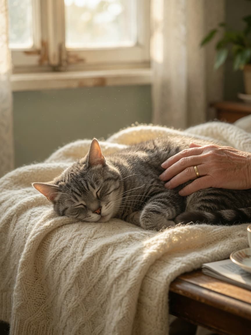 An elderly cat resting peacefully on a soft blanket with an owner's hand placed gently on its side, warm sunlight filtering through a window creating a calm, dignified atmosphere