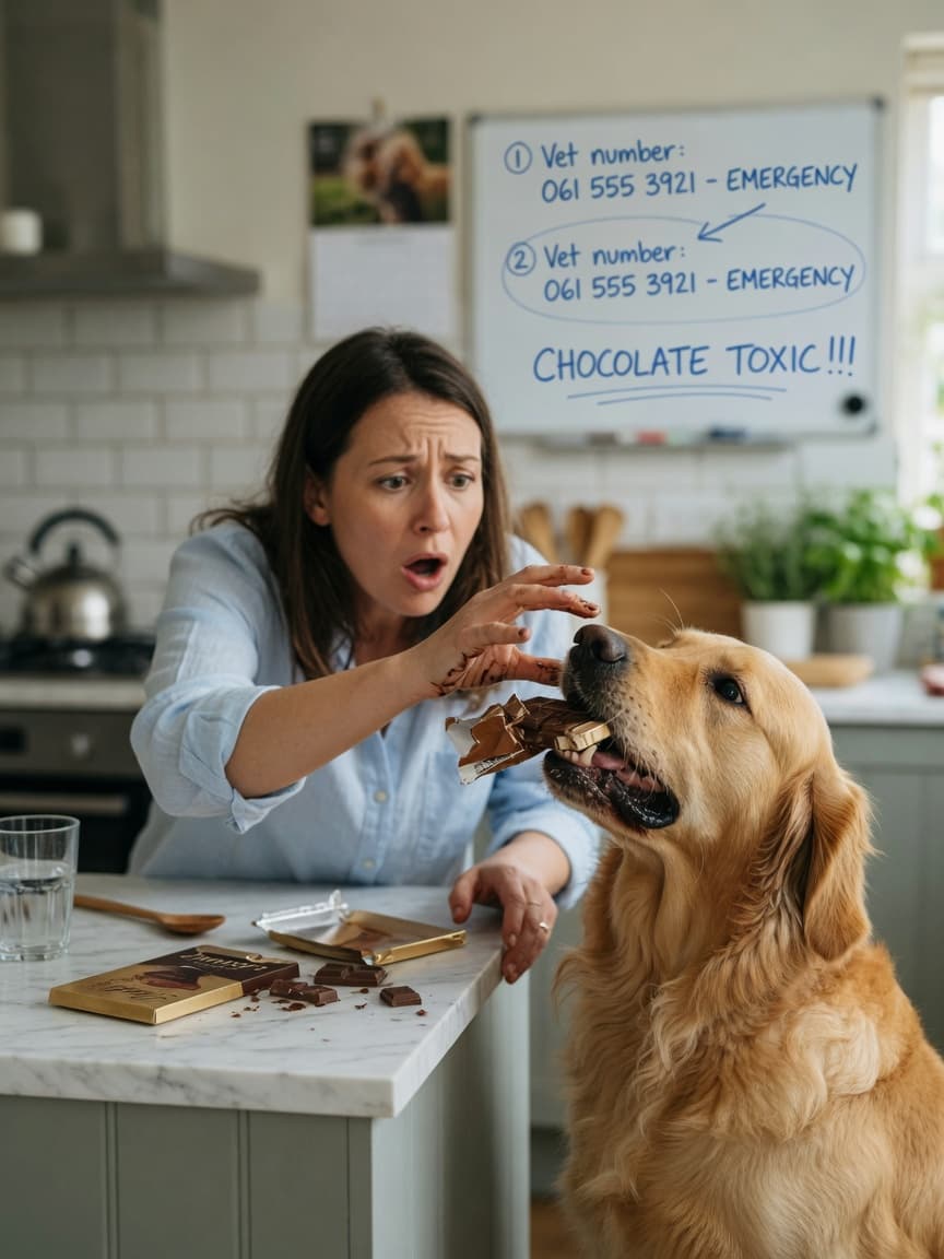 Owner discovering dog with chocolate wrapper on kitchen counter, moment of pet emergency ingestion