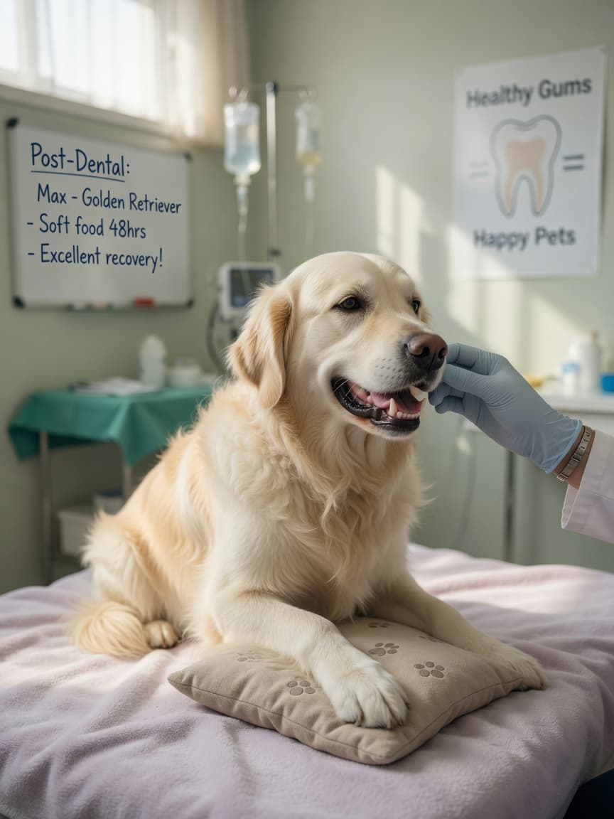 Golden retriever recovering after teeth cleaning with veterinarian gently examining gums in a calm recovery room