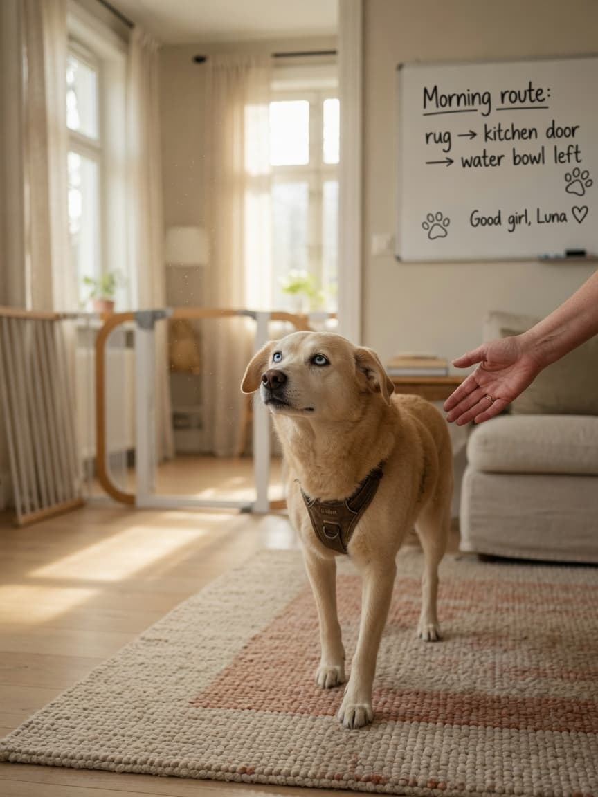 A blind dog confidently walking through a bright, safe home interior with textured rugs and gentle lighting, with an owner's reassuring hand nearby