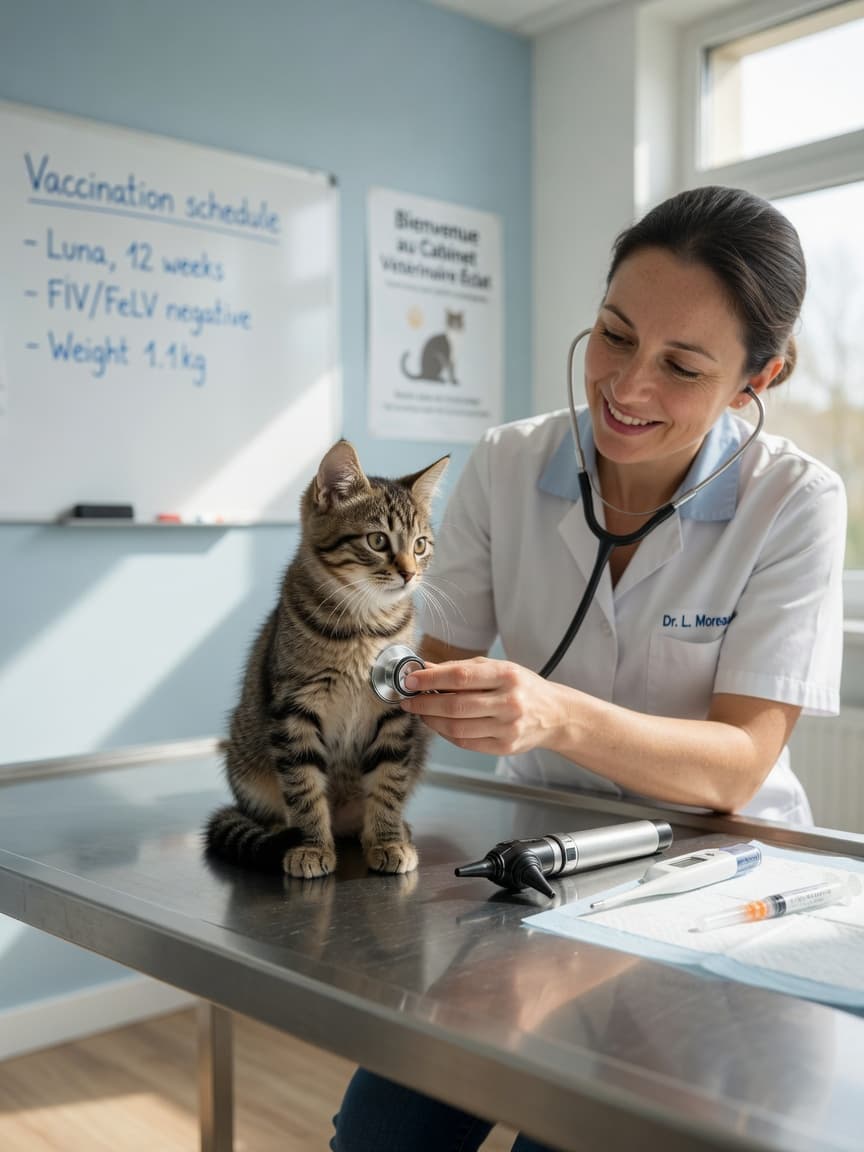Veterinarian examining a young tabby kitten with a stethoscope during its first vet visit