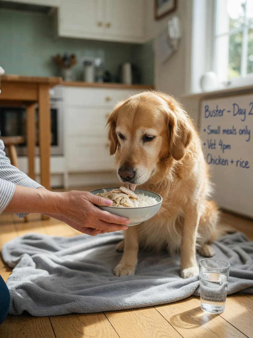 Dog owner hand-feeding boiled chicken and rice to a golden retriever recovering from stomach upset