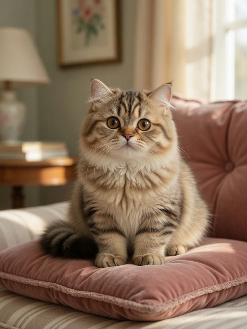 A Minuet cat with short legs and long coat sitting indoors with warm natural lighting