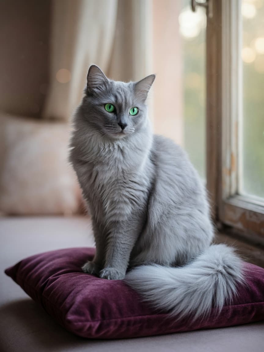 Close-up portrait of a Nebelung cat with silvery-blue coat and emerald-green eyes sitting on a velvet cushion