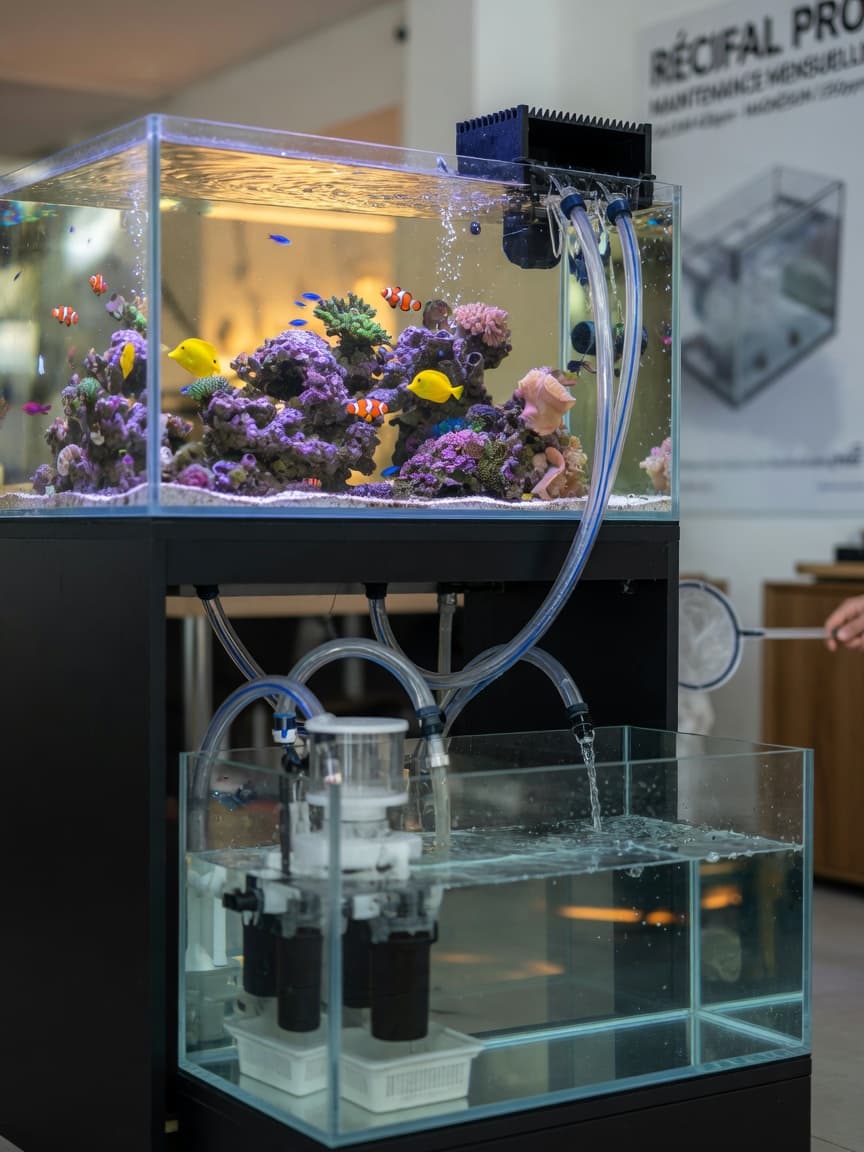 Professional aquarium sump and overflow system showing display tank above with tropical fish and plumbing tubes running to sump tank below