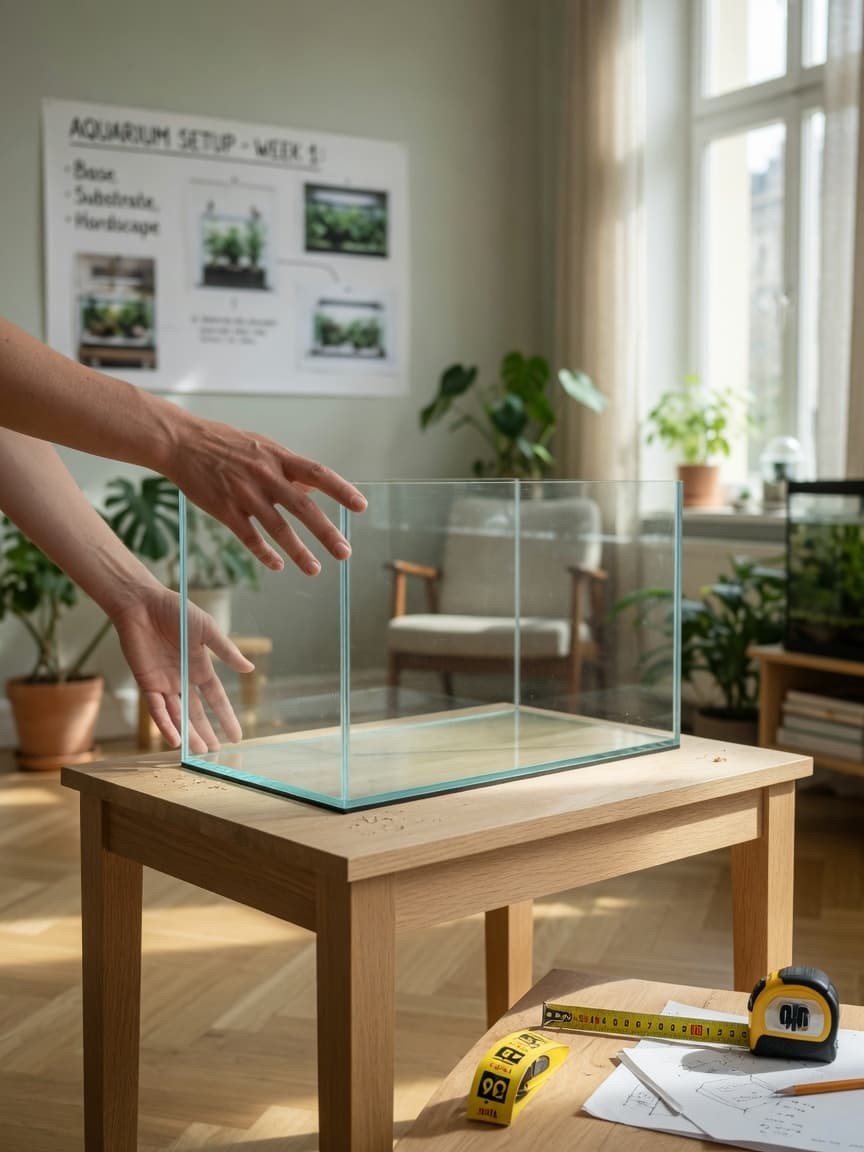 Person's hands measuring space for aquarium tank placement with measuring tape on wooden floor