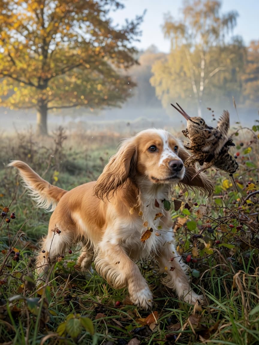 Cocker Spaniel flushing game bird from dense woodland brush, showing hunting heritage