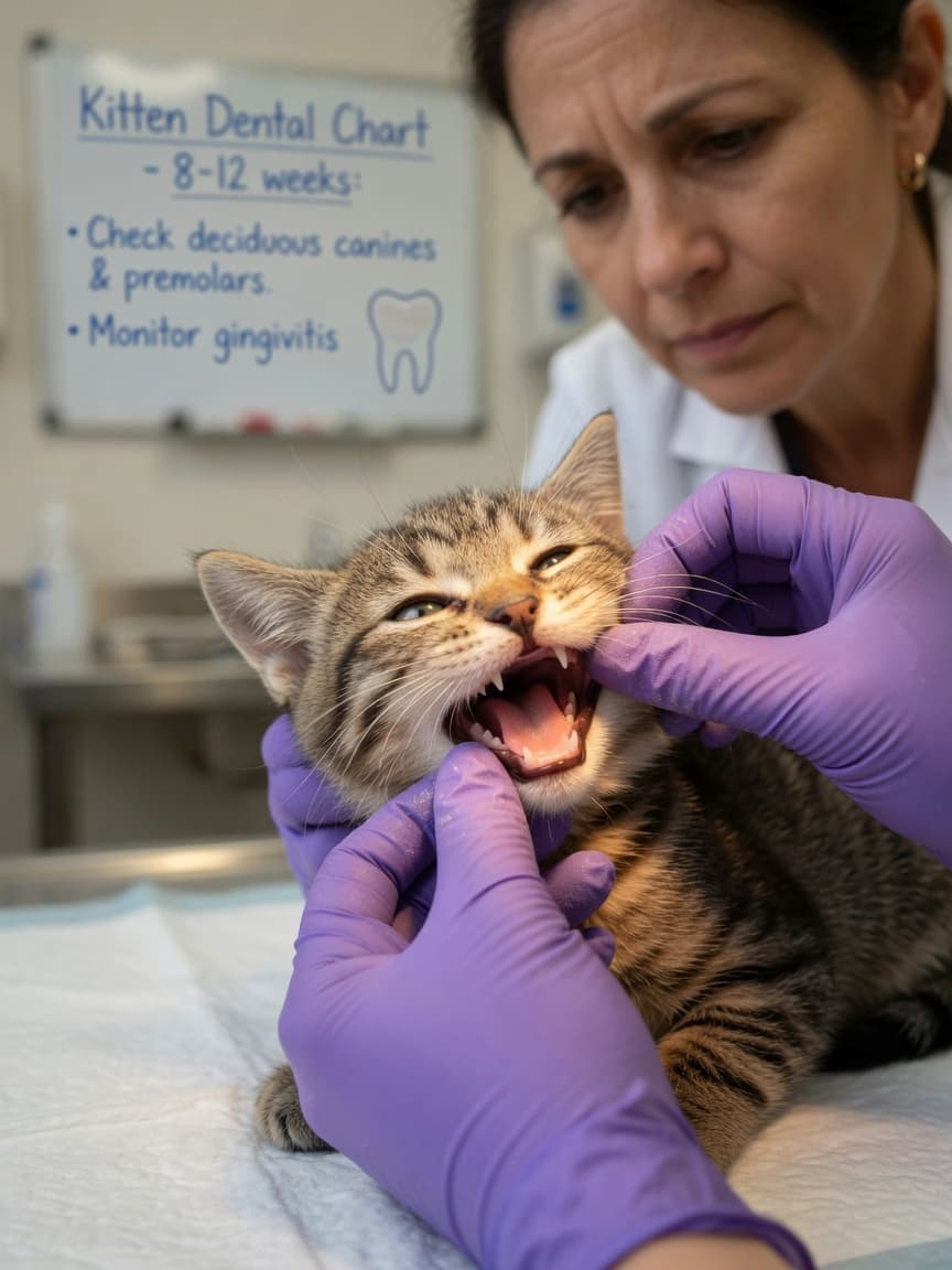 Veterinarian examining a kitten's mouth to inspect emerging teeth and gums during a dental assessment