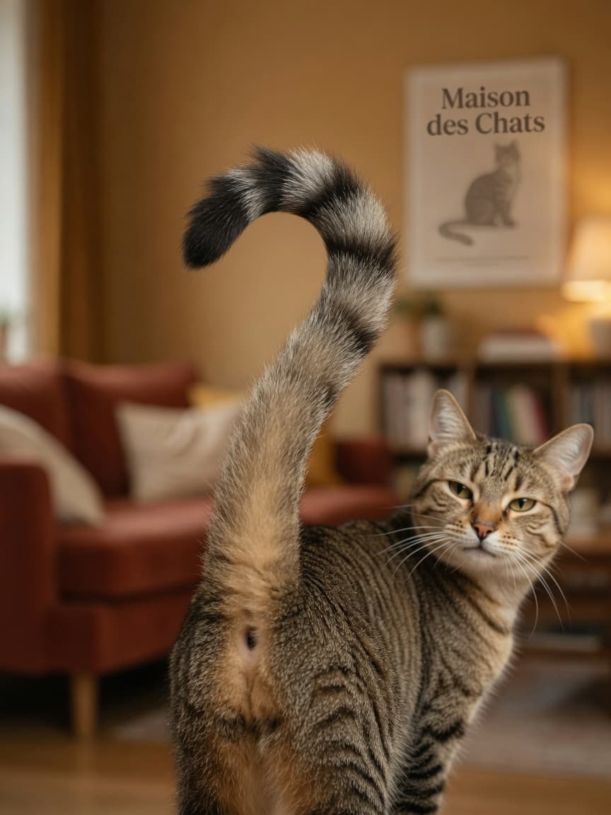 A cat walking toward the camera with its tail held straight up in a question mark position, showing affection and confidence