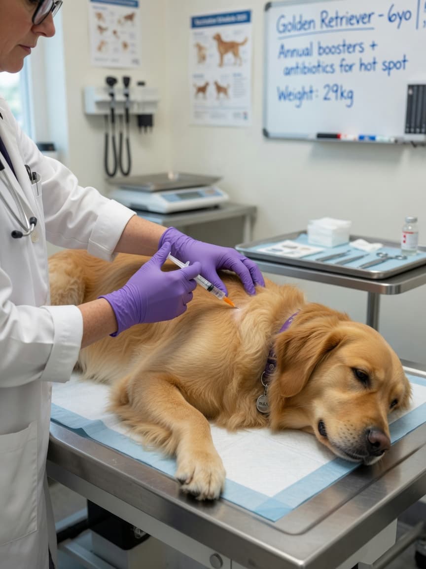 Veterinarian administering antibiotic injection to golden retriever during examination