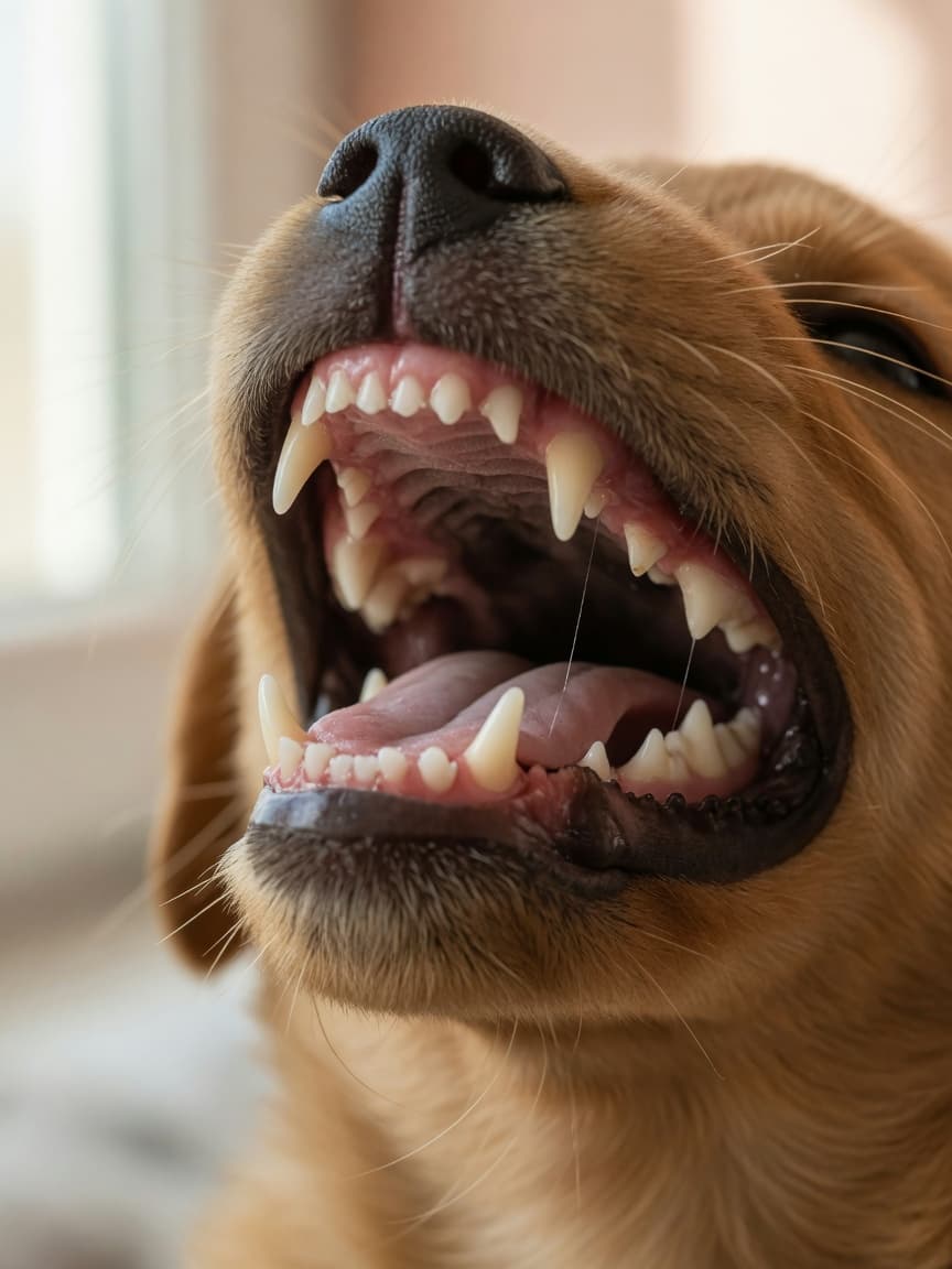 Close-up of a puppy's mouth showing baby teeth and emerging adult teeth during the teething transition