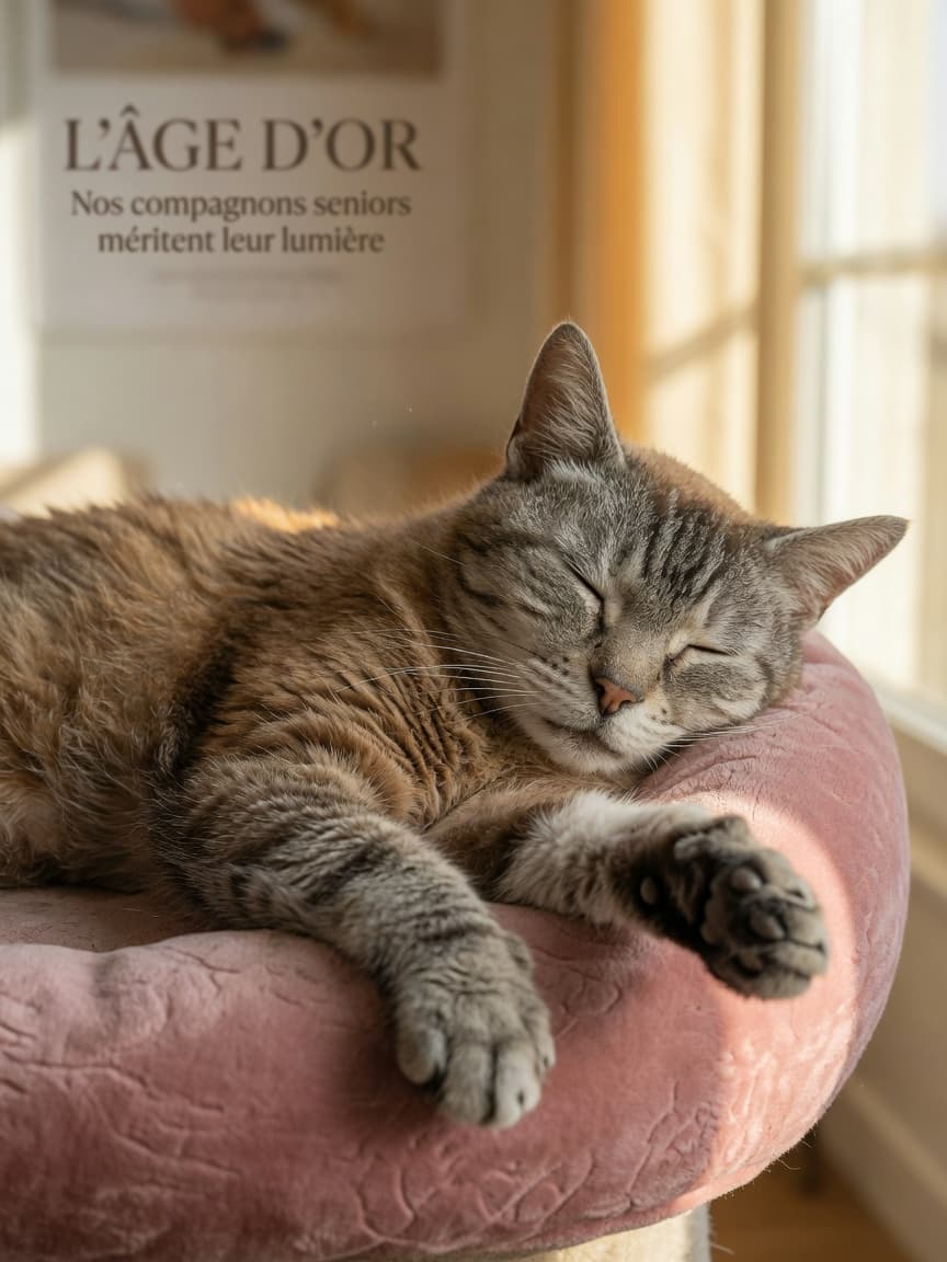 An elderly tabby cat resting peacefully on soft bedding in warm sunlight, showing grey fur around the face indicating senior age