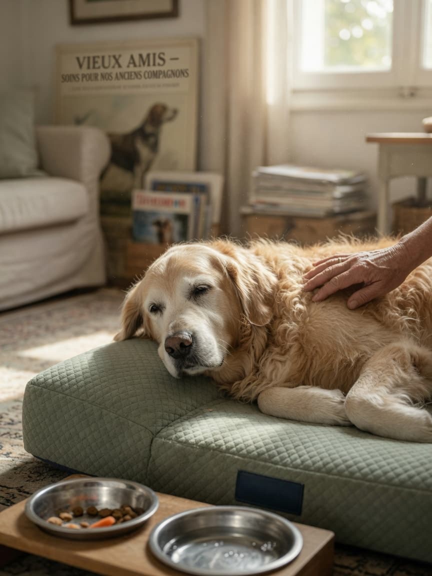 Elderly Golden Retriever with greying muzzle resting on orthopedic bed in sunlit room with owner's hand gently touching the dog's shoulder