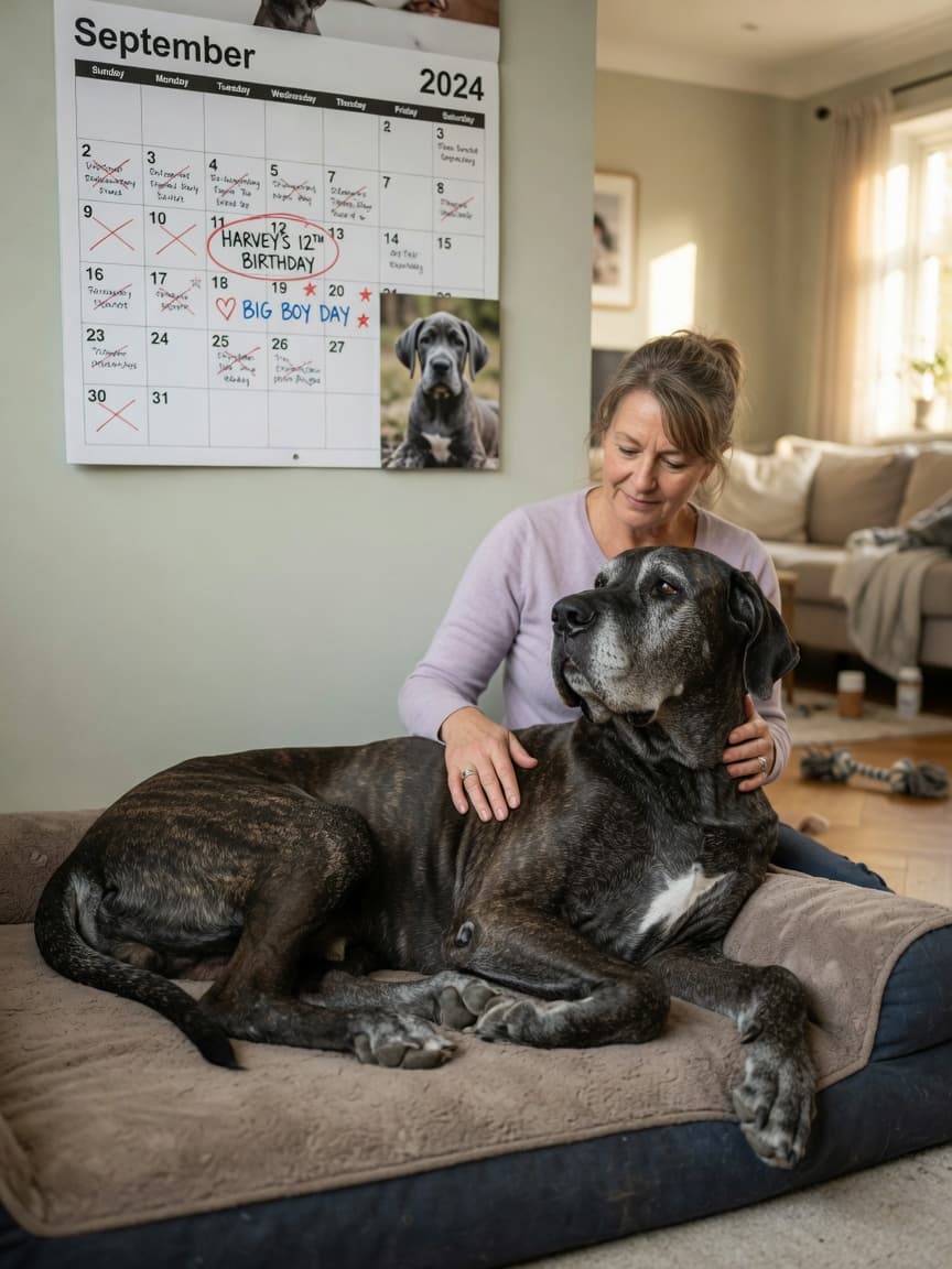 Senior Great Dane resting on orthopedic bed with owner's hand on shoulder, showing age-related changes in a sunlit room