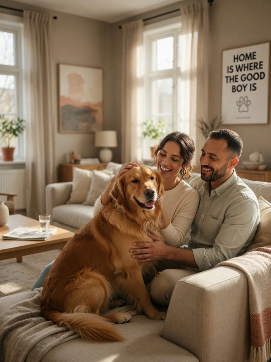 Young couple sitting with their Golden Retriever on a living room sofa in natural sunlight, expressing happiness and stability in dog ownership