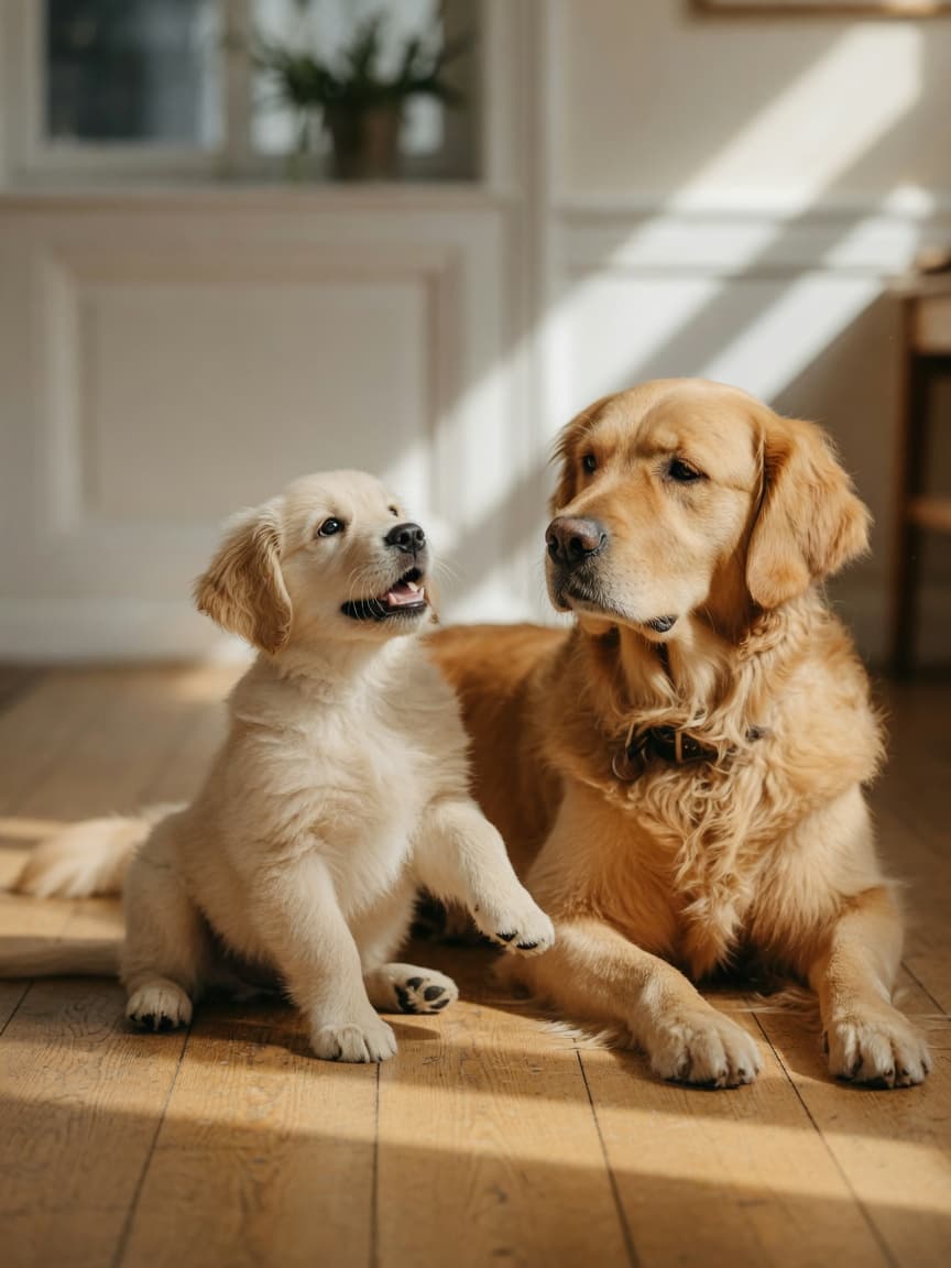Golden retriever puppy and adult dog side by side, showing contrast between youthful energy and mature calm personality