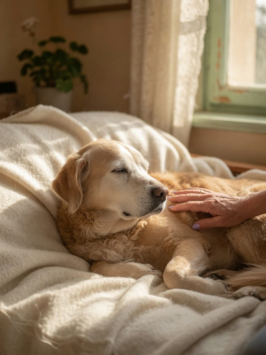 Elderly dog peacefully resting on soft blanket with owner's hand gently placed on its side, bathed in warm window light