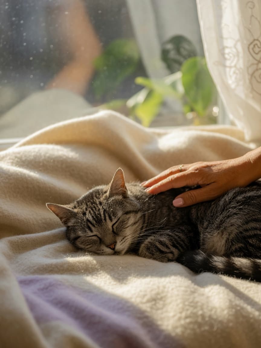 Elderly tabby cat resting peacefully on a soft blanket in sunlight with owner's hand gently on its side