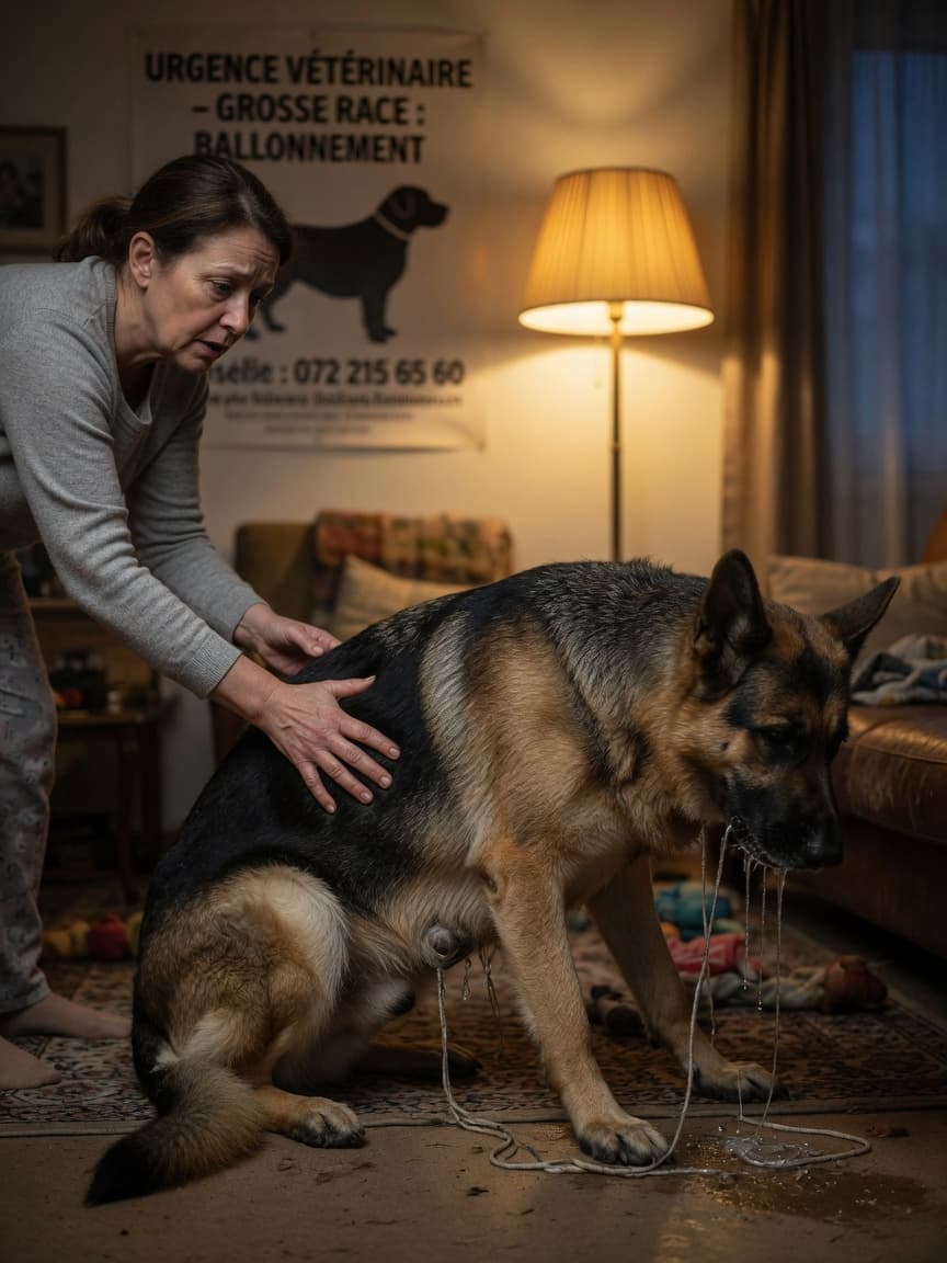 Anxious pet owner examining their large dog's distended belly at night, showing signs of gastric bloat in a home setting