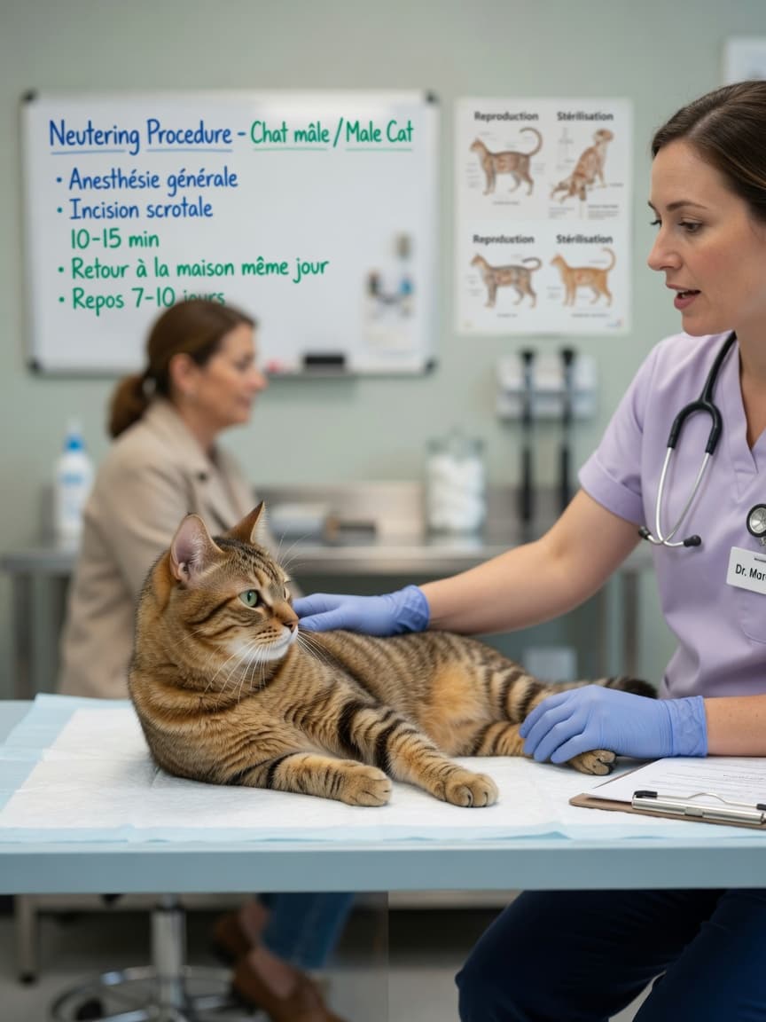 Male tabby cat on veterinary examination table with vet explaining neutering procedure