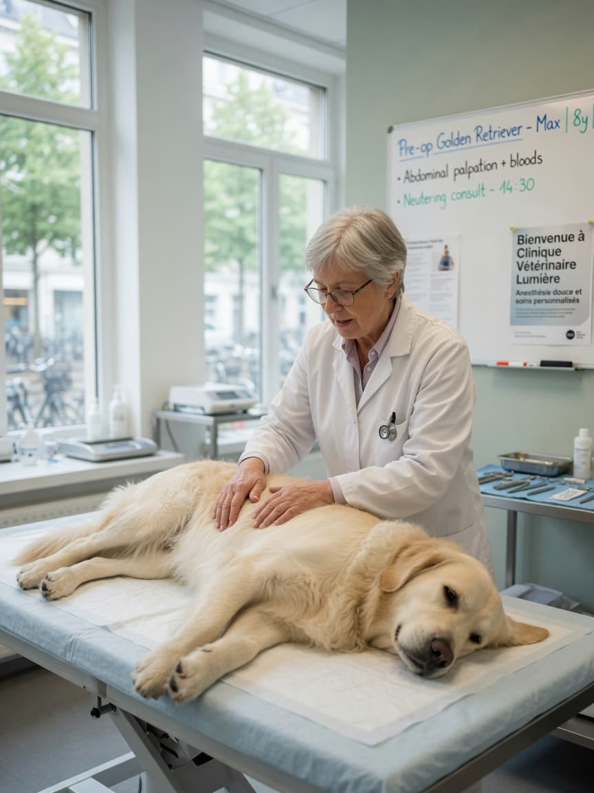 A cream-colored Golden Retriever lying on a vet examination table while a veterinarian performs a pre-neutering consultation in a bright clinic.