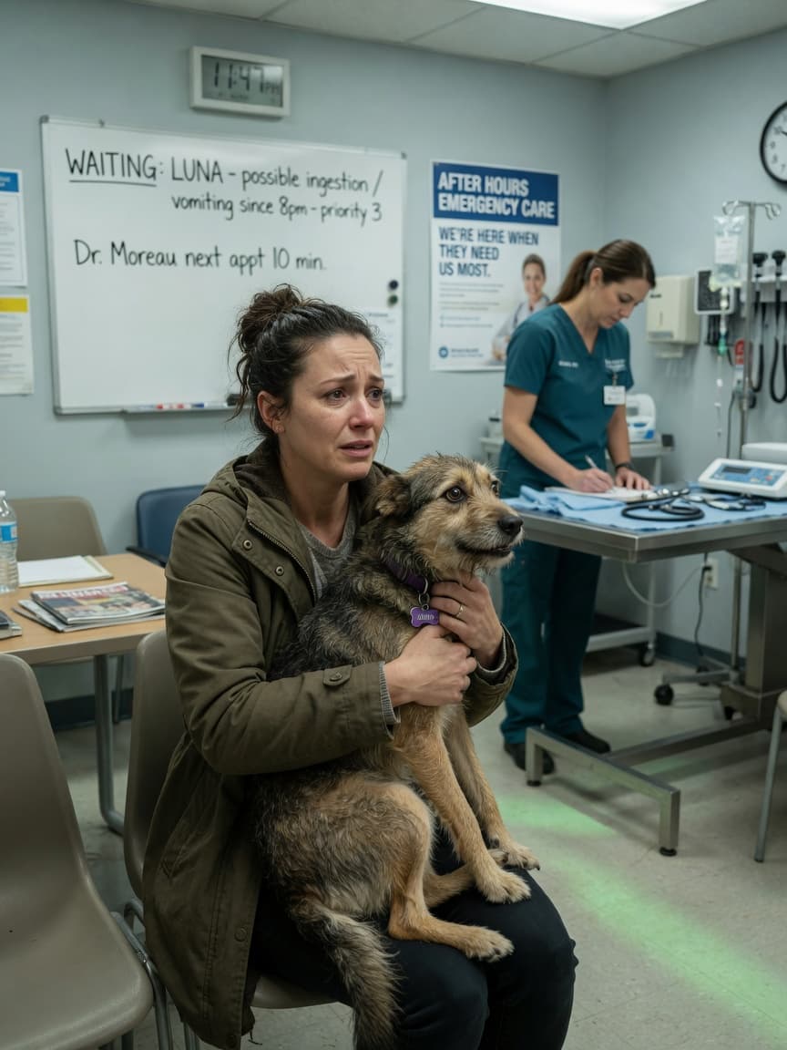 Dog owner holding their anxious dog in an emergency veterinary clinic waiting room