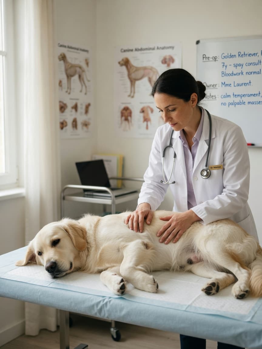 Veterinarian examining a female Golden Retriever on an examination table during a pre-spaying consultation