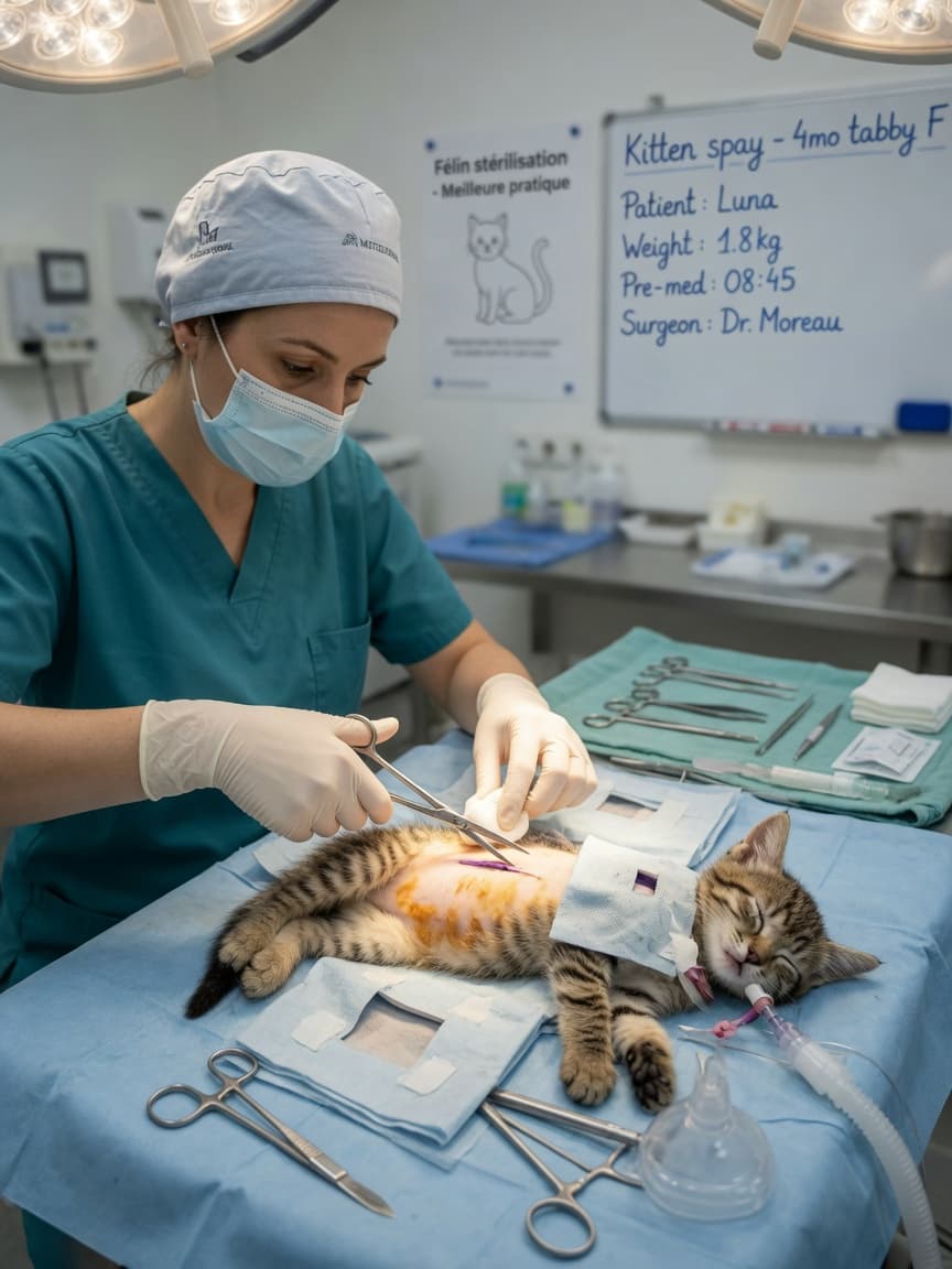 Veterinarian performing spaying surgery on an anesthetized kitten in a sterile surgical suite