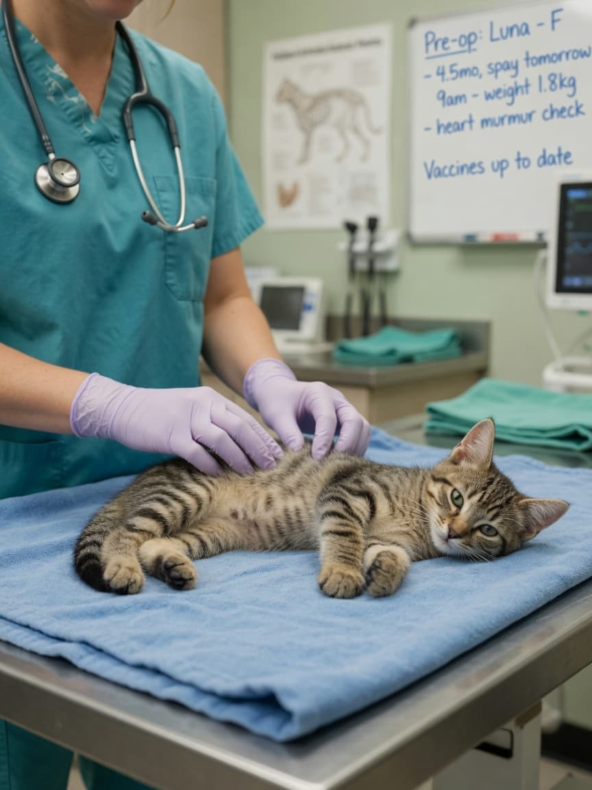 Young tabby kitten on veterinary examination table during pre-operative exam, veterinarian's gloved hands gently palpating abdomen