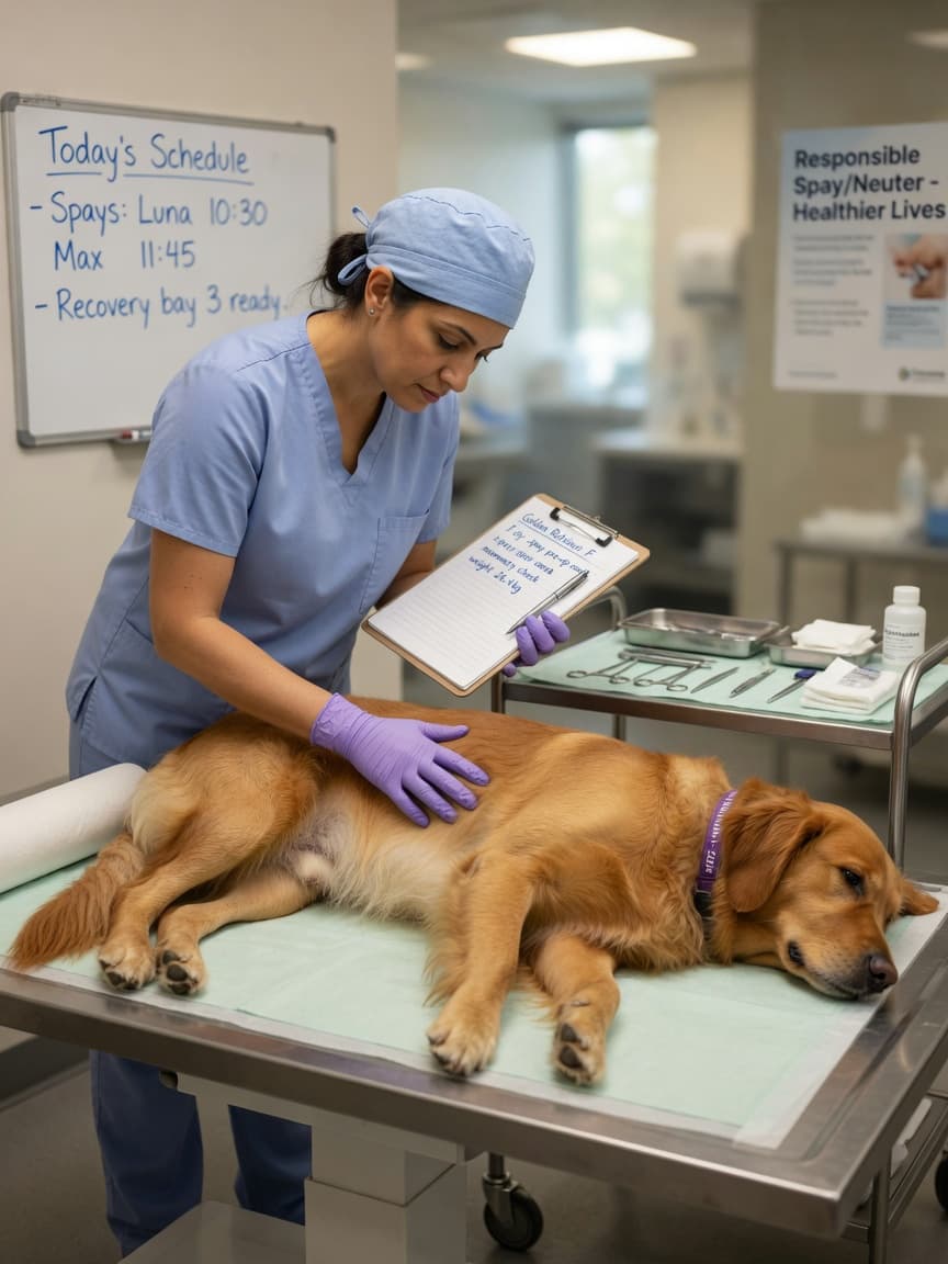 Veterinary surgeon examining a Golden Retriever on an examination table in a veterinary clinic, discussing spay/neuter timing with surgical instruments visible in background