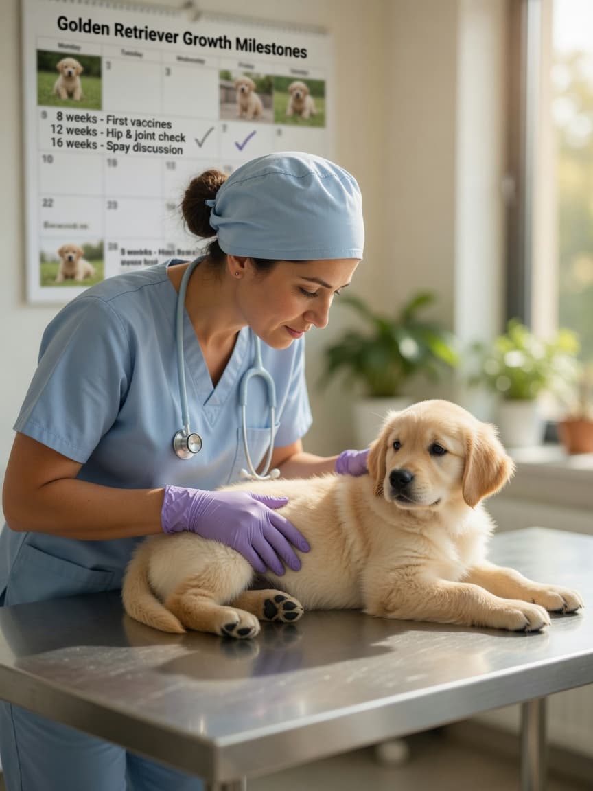 Veterinarian examining a young Golden Retriever puppy during a spay/neuter consultation in a modern clinic