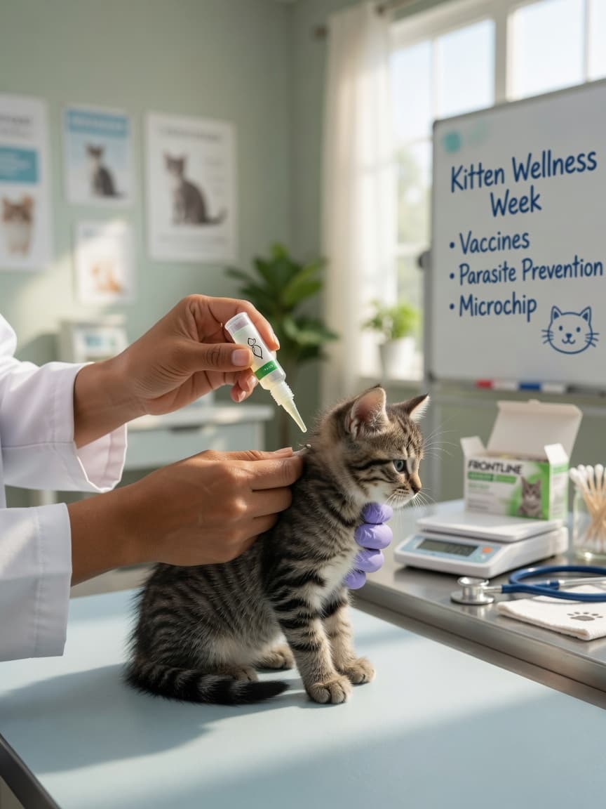 Veterinarian applying topical flea and tick prevention to a young tabby kitten's neck during a clinical examination