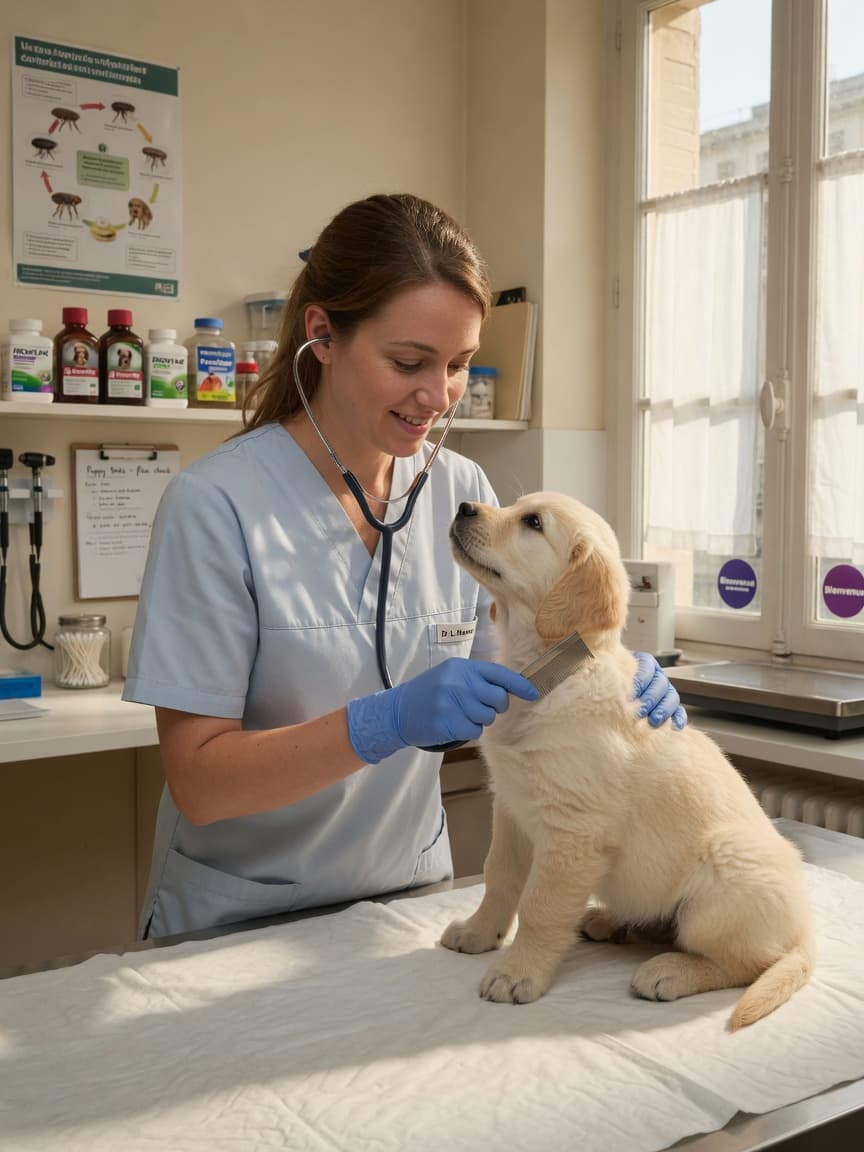 Veterinarian examining a young Golden Retriever puppy with a flea comb on an examination table