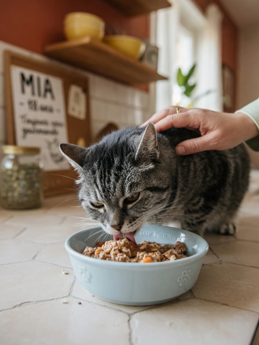 An elderly tabby cat eating senior cat food from a ceramic bowl, with a caregiver's hand gently stroking its back in natural window light.