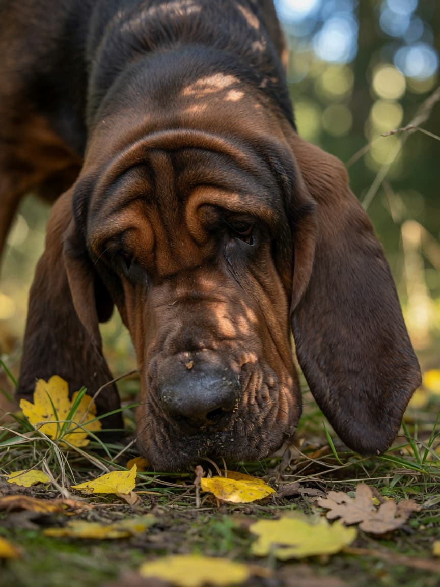 Close-up of a Bloodhound's wrinkled face with long ears as it sniffs the ground during scent detection work