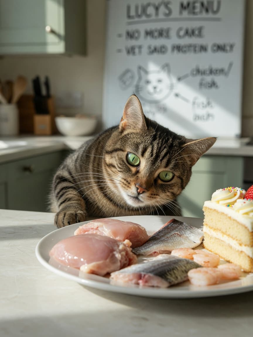 A tabby cat turning away from a slice of cake on a kitchen counter while showing interest in raw meat, illustrating cats' inability to taste sweetness