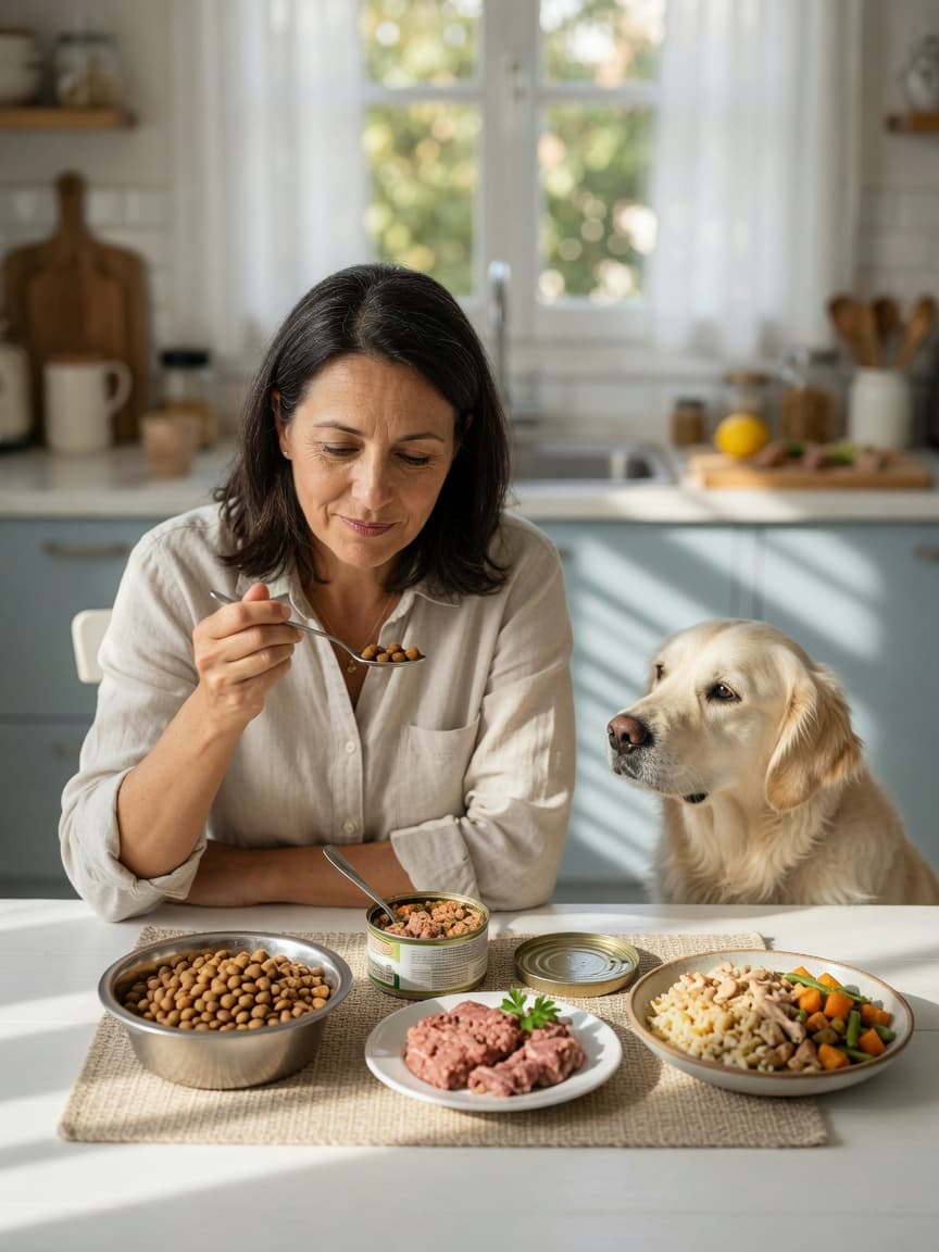 Woman examining different types of dog food at a sunny kitchen table with an attentive golden retriever nearby