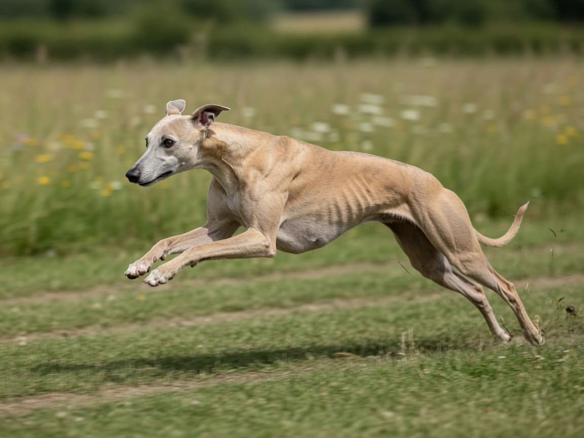A lean Whippet in mid-sprint across a grass field, showcasing the breed's explosive athletic speed