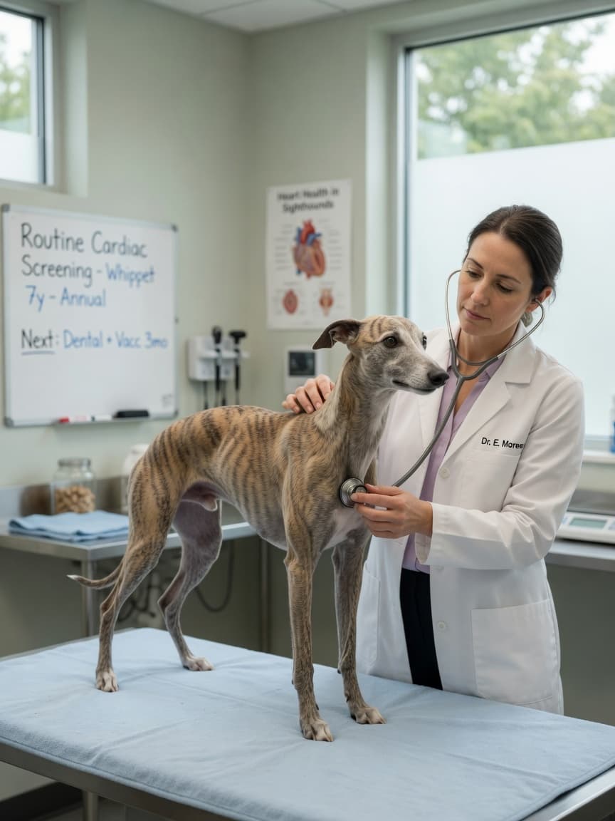 Veterinarian performing cardiac auscultation on a Whippet with stethoscope during health screening
