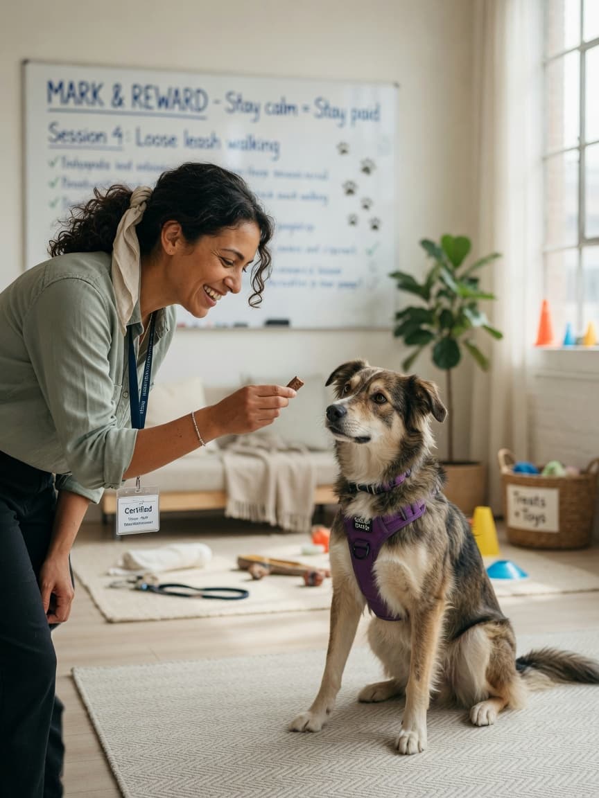Dog trainer offering positive reinforcement treat to attentive, relaxed dog during training session
