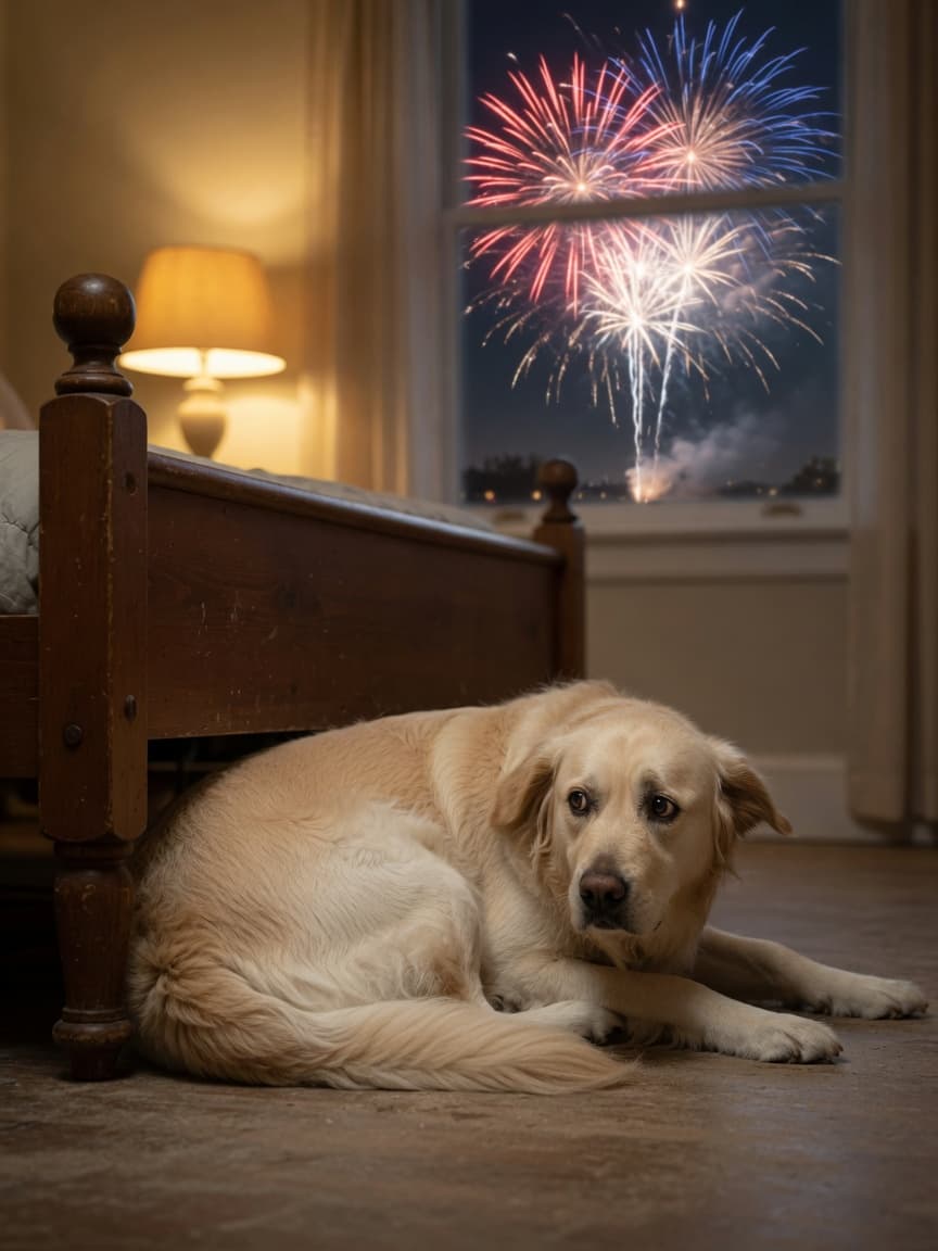 A frightened golden retriever trembling under a bed with fireworks flashing outside the window in the background