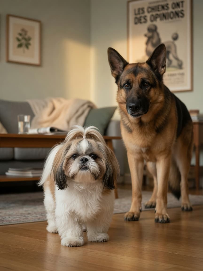Confident Shih Tzu with long silky coat standing proudly in front of larger dog