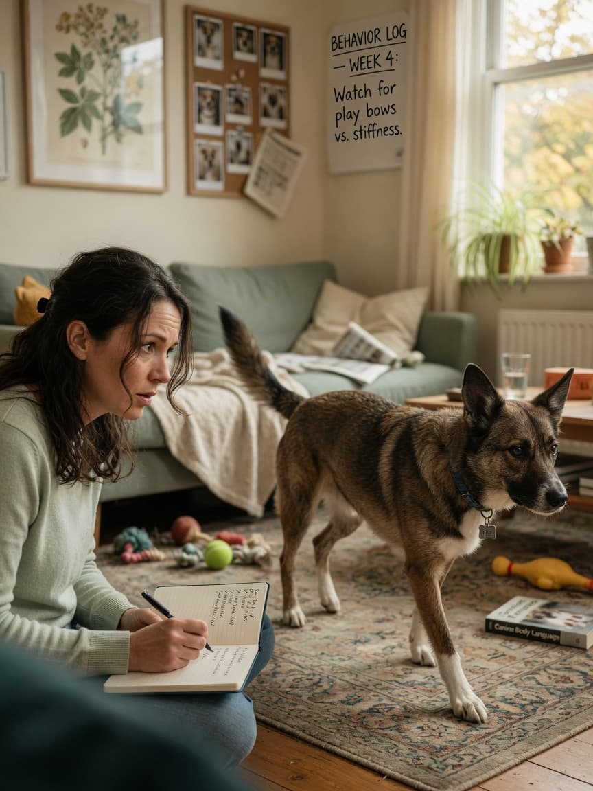 A dog owner sitting on the floor observing and taking notes while watching their dog's movement and behaviour in a sunlit living room